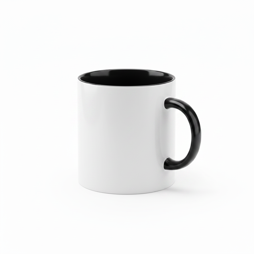 Two-tone ceramic mug with black handle and interior, plain white exterior
