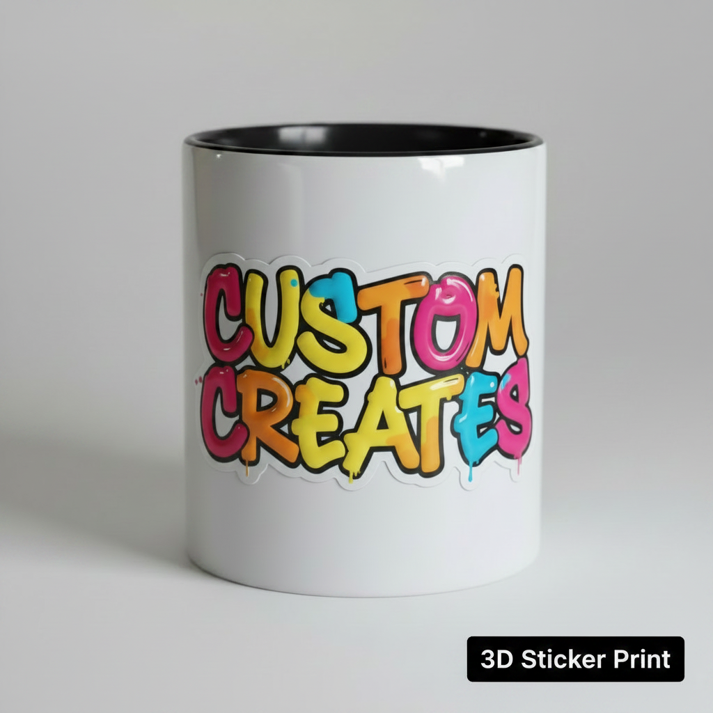 Two-tone mug front facing showing Custom Creates graffiti logo as 3D sticker print