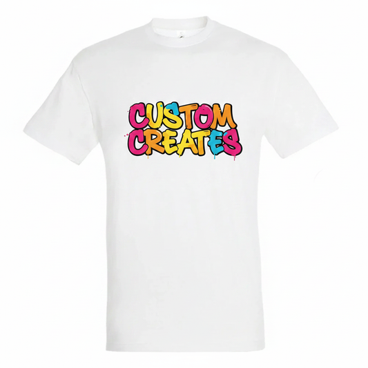 White t-shirt with Custom Creates graffiti logo printed on the chest