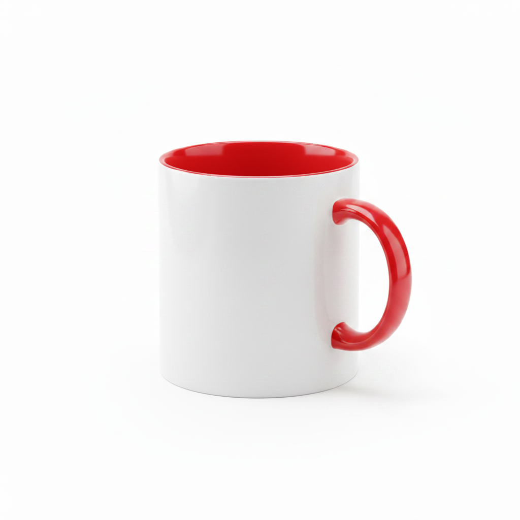 Two-tone ceramic mug with red handle and interior, plain white exterior