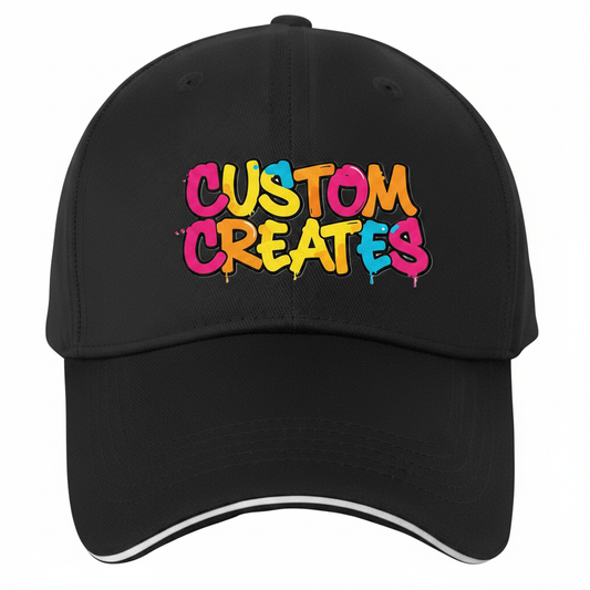 Black baseball cap with Custom Creates graffiti logo printed on the front panel