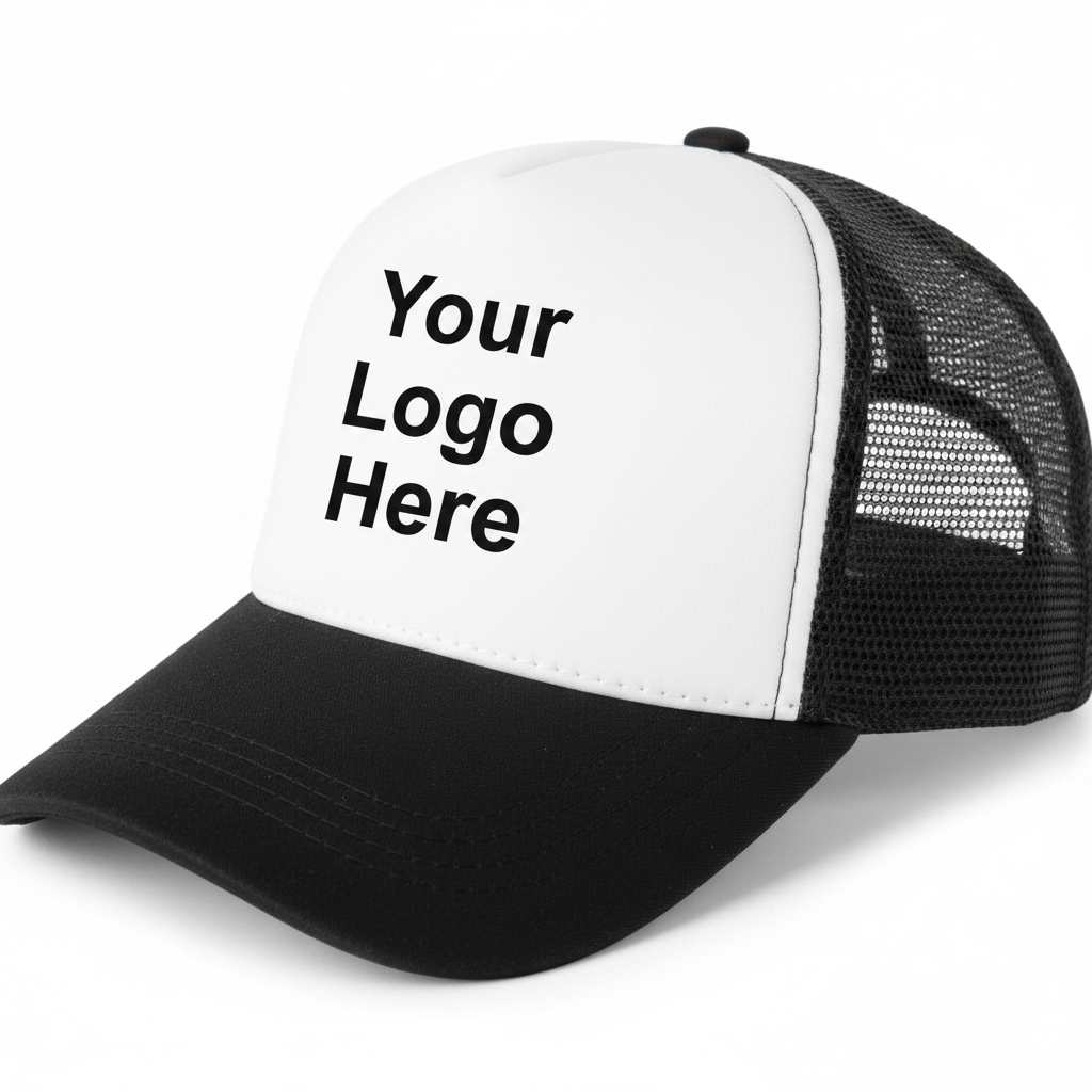 White and black two-tone mesh back baseball cap with Your Logo Here placement guide on the front panel