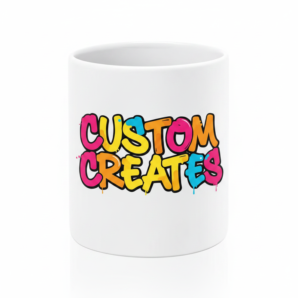 White ceramic mug with Custom Creates graffiti logo printed across the full front surface