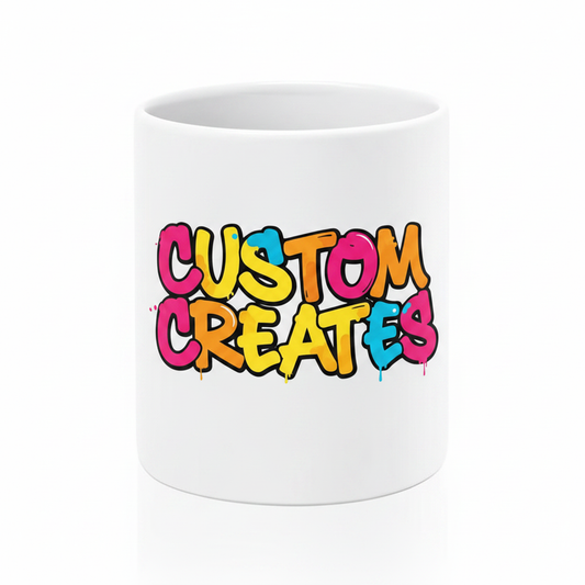 White ceramic mug with Custom Creates graffiti logo printed across the full front surface