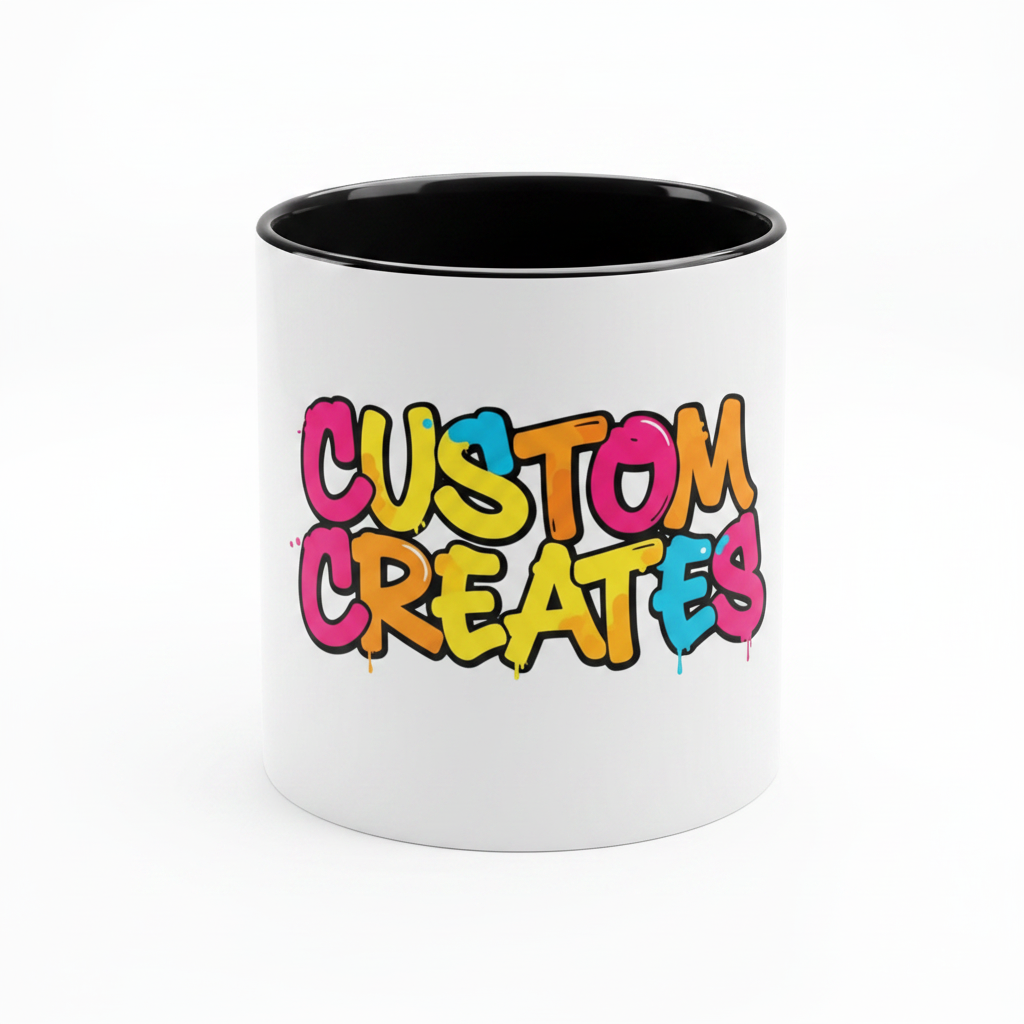 Two-tone black mug front facing with Custom Creates graffiti logo printed across the full front surface