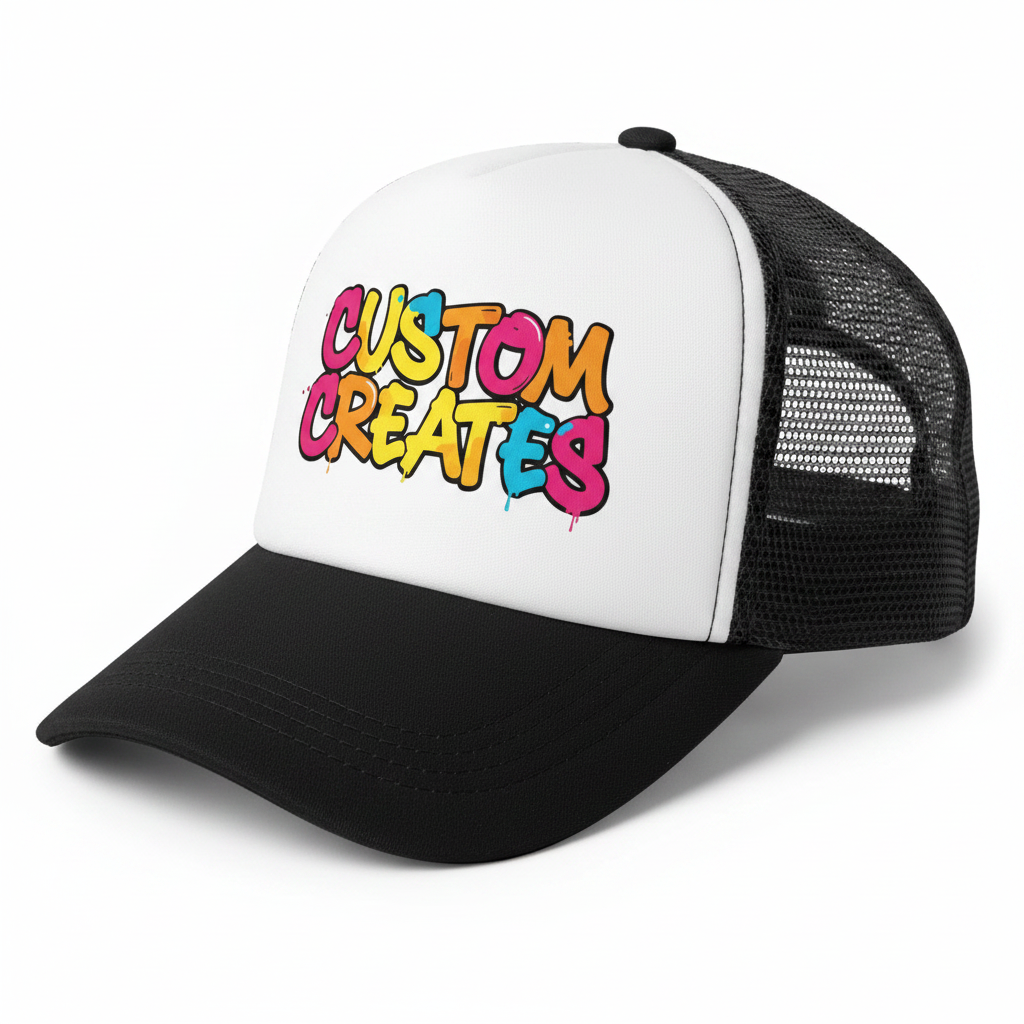 White and black two-tone mesh back baseball cap with Custom Creates graffiti logo on the front panel