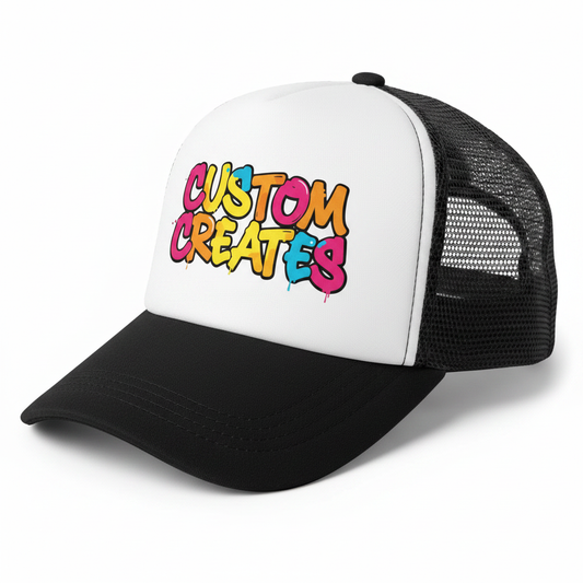 White and black two-tone mesh back baseball cap with Custom Creates graffiti logo on the front panel