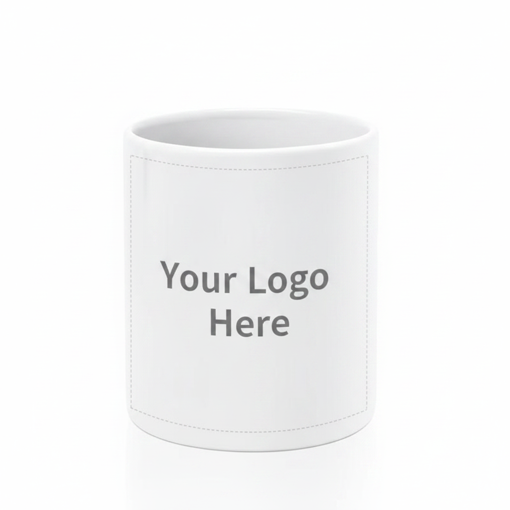 White ceramic mug front facing showing Your Logo Here placeholder across the full print area