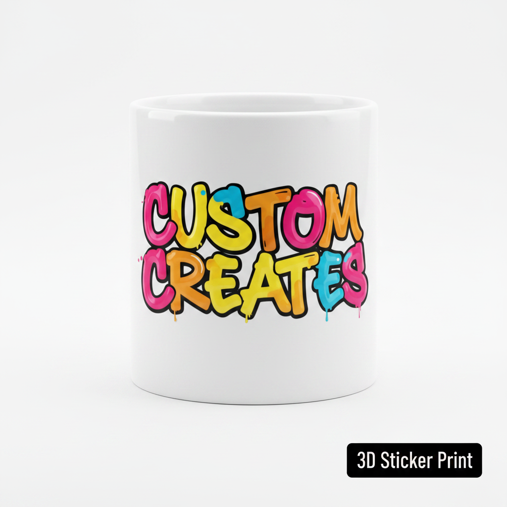 Plain white mug front facing showing Custom Creates graffiti logo as 3D sticker print