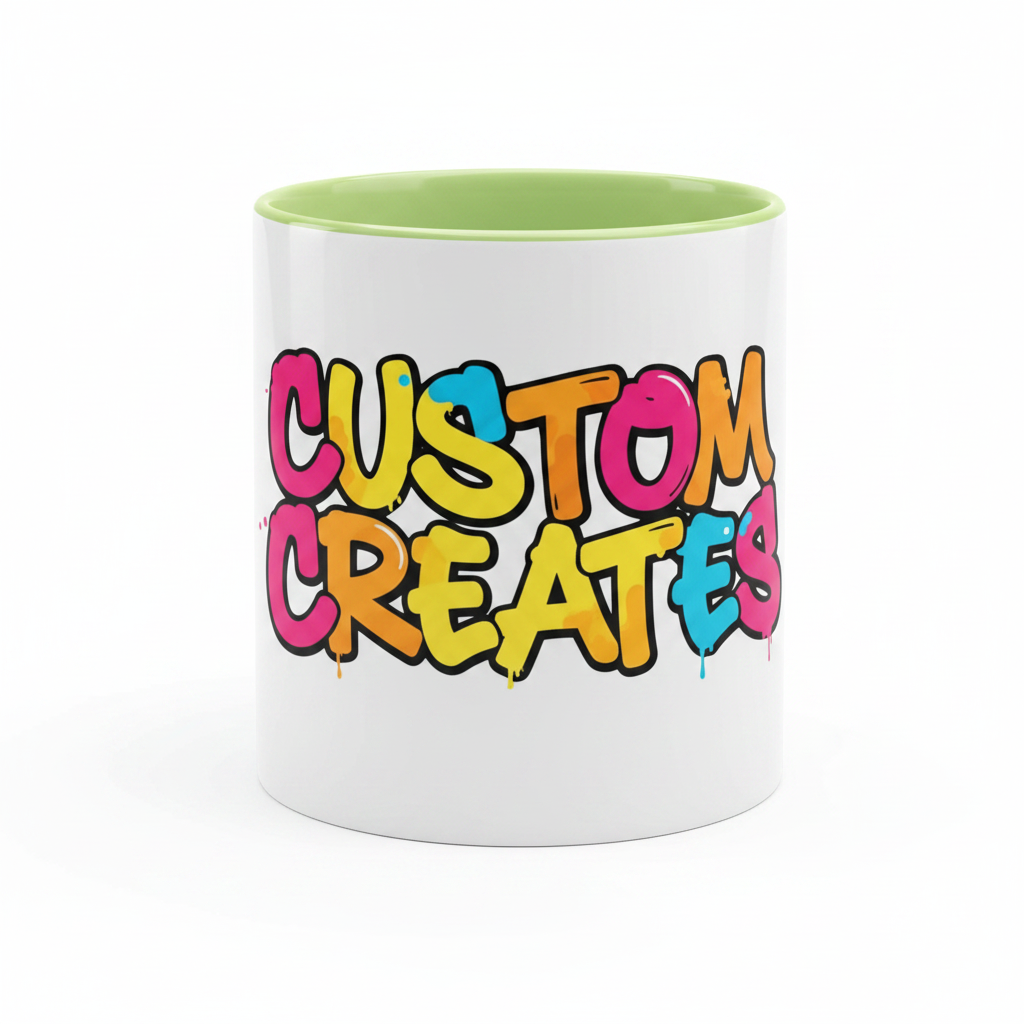 Two-tone light green mug front facing with Custom Creates graffiti logo printed across the full front surface