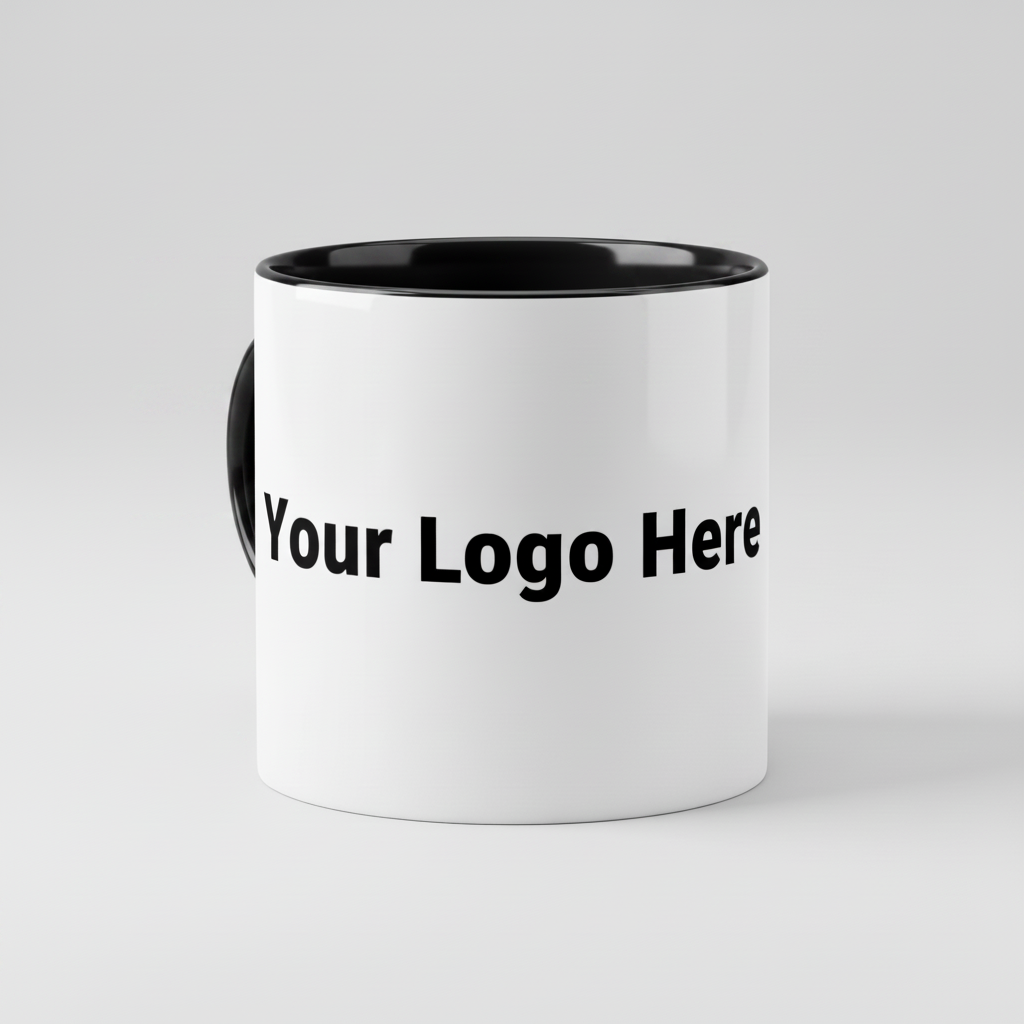Two-tone black mug front facing showing Your Logo Here placeholder