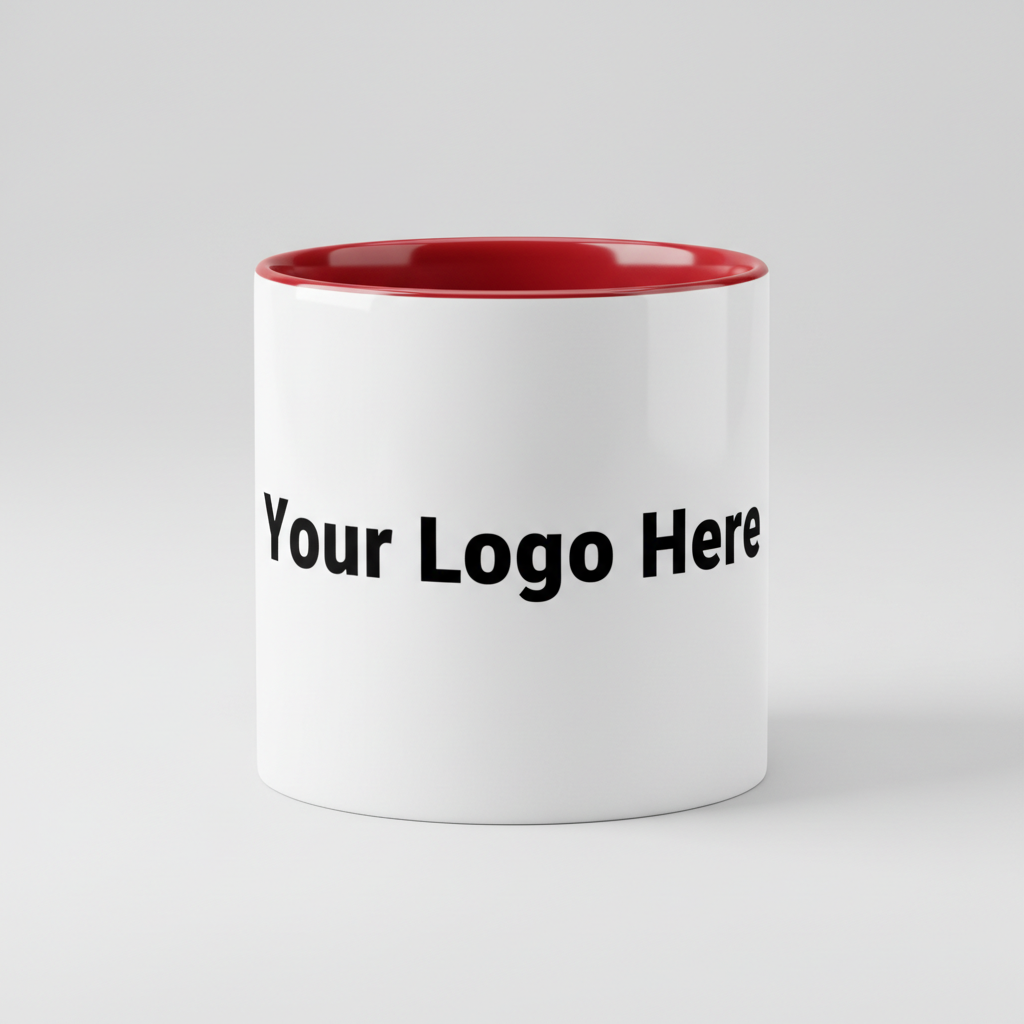 Two-tone red mug front facing showing Your Logo Here placeholder