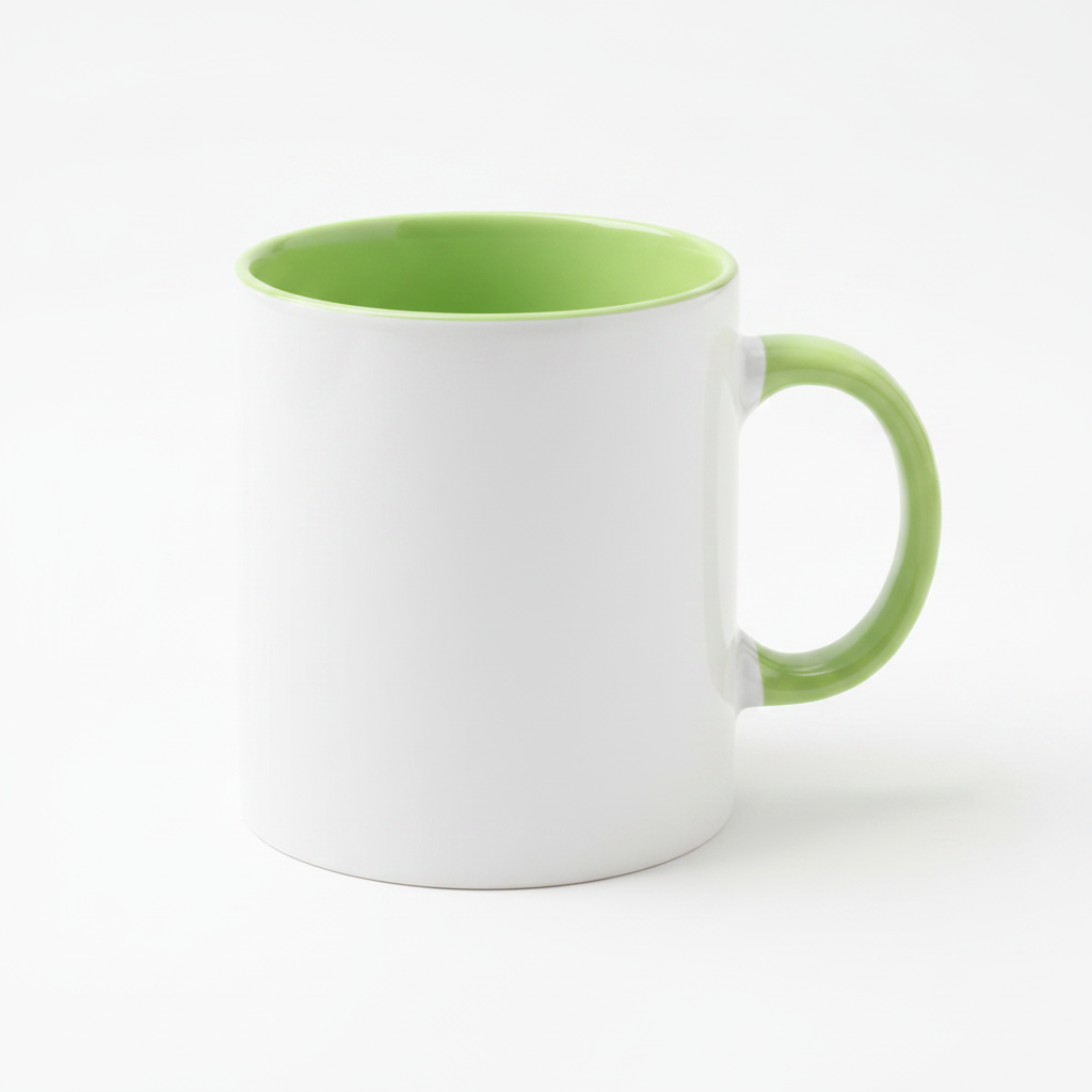 Two-tone ceramic mug with light green handle and interior, plain white exterior