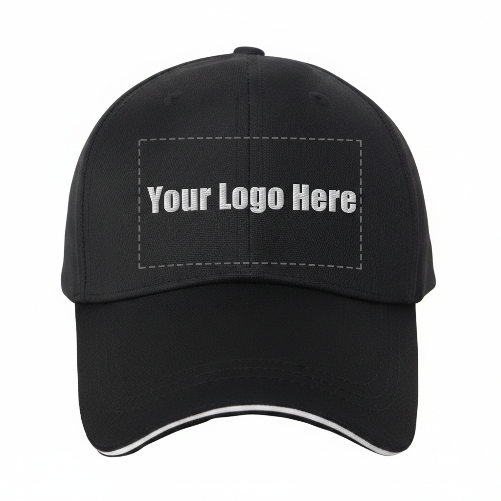 Black baseball cap showing Your Logo Here placement guide on the front panel