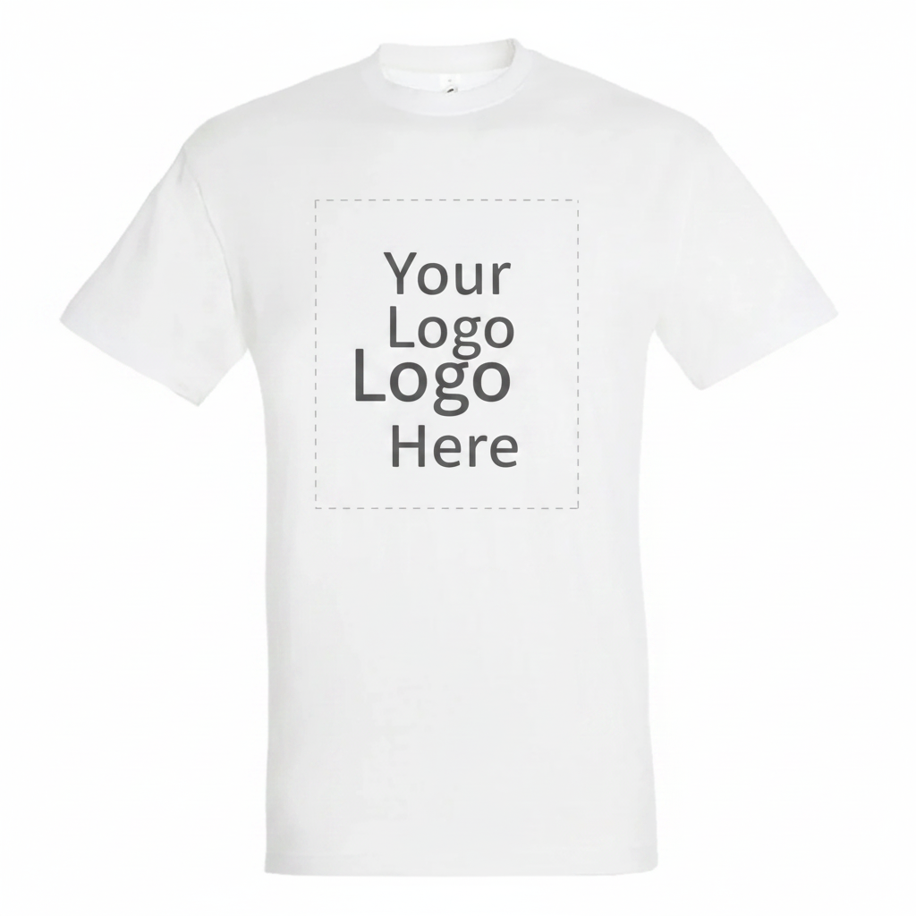 White t-shirt with Your Logo Here placement guide printed on the chest