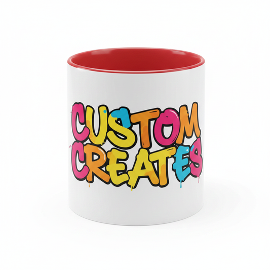Two-tone red mug front facing with Custom Creates graffiti logo printed across the full front surface